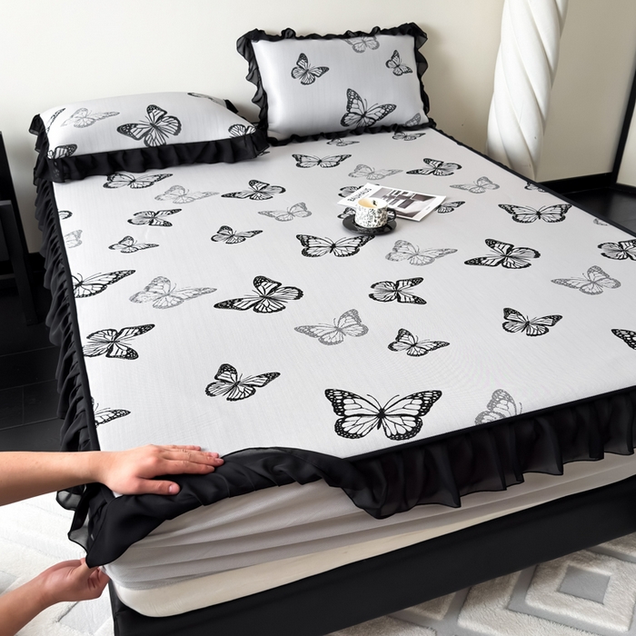 91家纺网 家纺一手货源 找家纺 九花鹿 2025新款A类法式赫本风PE凉感提花冰丝凉席-床笠款 床笠款-露娜