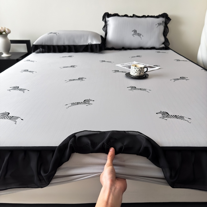 91家纺网 家纺一手货源 找家纺 九花鹿 2025新款A类法式赫本风PE凉感提花冰丝凉席-床笠款 床笠款-马德里