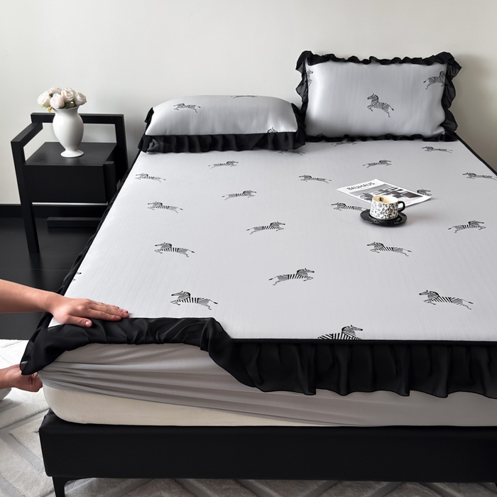 91家纺网 家纺一手货源 找家纺 九花鹿 2025新款A类法式赫本风PE凉感提花冰丝凉席-床笠款 床笠款-马德里