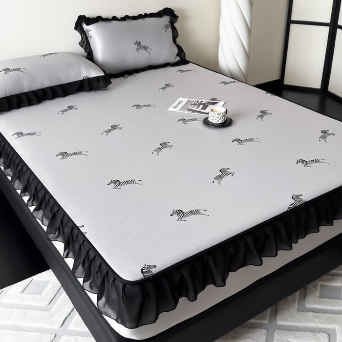 91家纺网 家纺一手货源 找家纺 九花鹿 2025新款A类法式赫本风PE凉感提花冰丝凉席-床笠款 床笠款-马德里