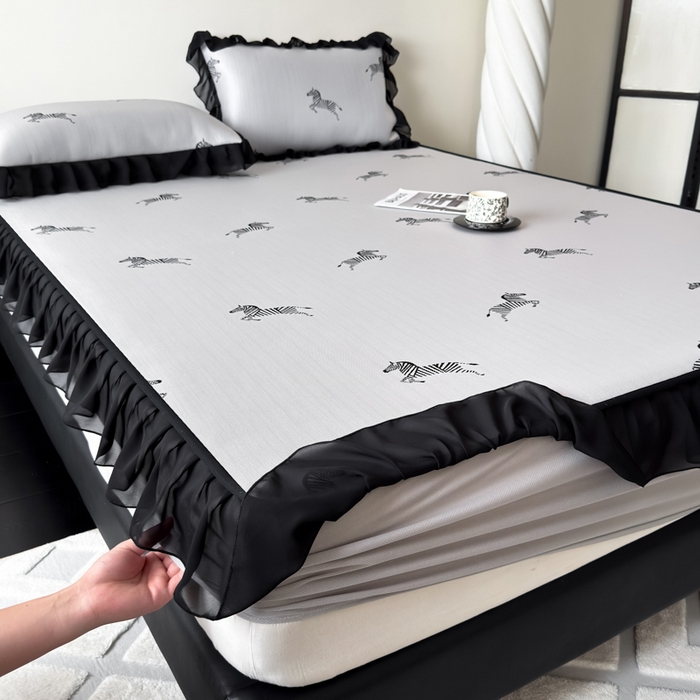 91家纺网 家纺一手货源 找家纺 九花鹿 2025新款A类法式赫本风PE凉感提花冰丝凉席-床笠款 床笠款-马德里