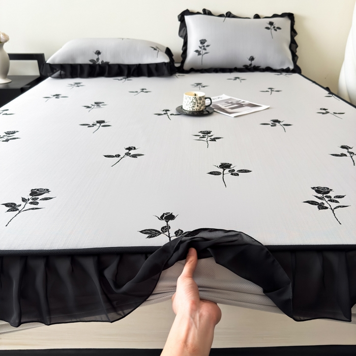 91家纺网 家纺一手货源 找家纺 九花鹿 2025新款A类法式赫本风PE凉感提花冰丝凉席-床笠款 床笠款-玫瑰