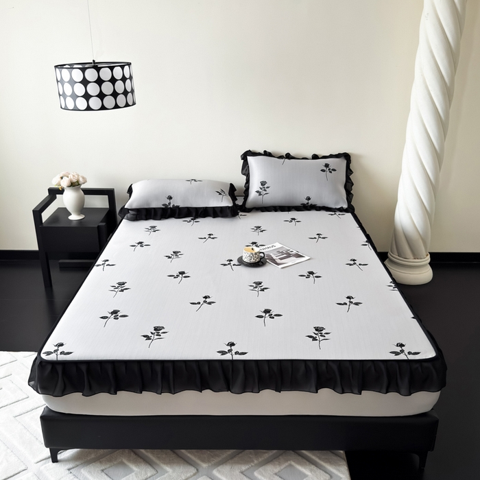 91家纺网 家纺一手货源 找家纺 九花鹿 2025新款A类法式赫本风PE凉感提花冰丝凉席-床笠款 床笠款-玫瑰