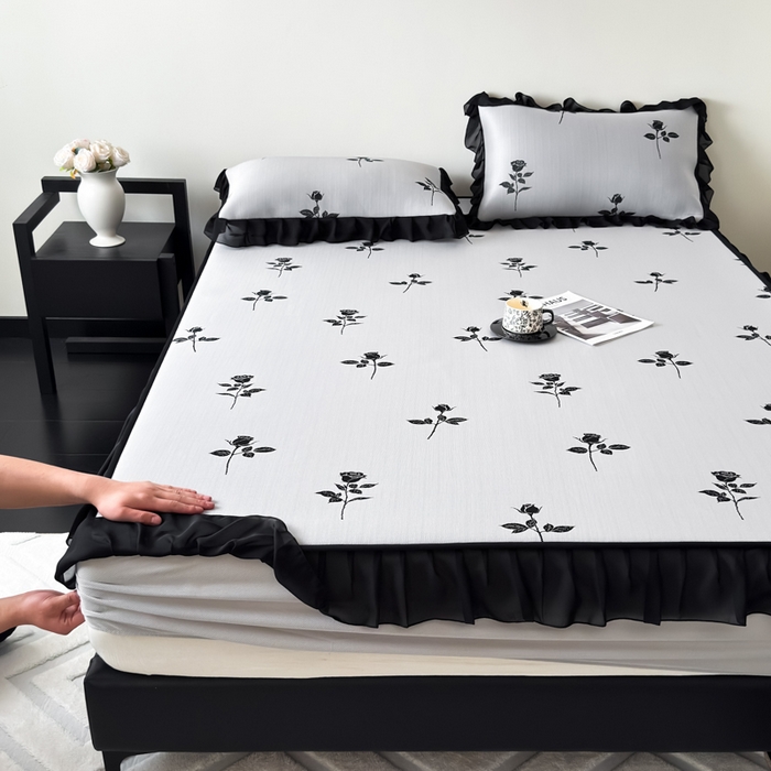 91家纺网 家纺一手货源 找家纺 九花鹿 2025新款A类法式赫本风PE凉感提花冰丝凉席-床笠款 床笠款-玫瑰