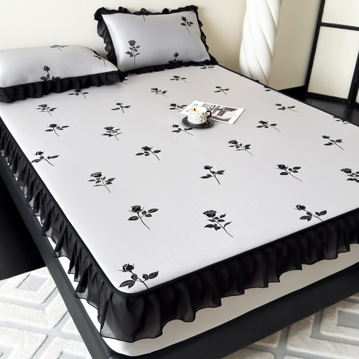 91家纺网 家纺一手货源 找家纺 九花鹿 2025新款A类法式赫本风PE凉感提花冰丝凉席-床笠款 床笠款-玫瑰