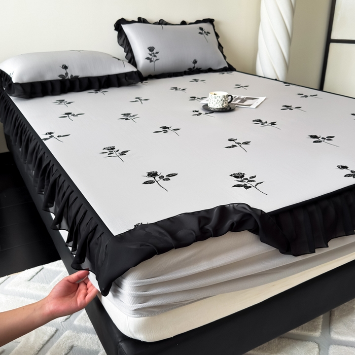 91家纺网 家纺一手货源 找家纺 九花鹿 2025新款A类法式赫本风PE凉感提花冰丝凉席-床笠款 床笠款-玫瑰