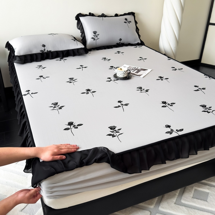 91家纺网 家纺一手货源 找家纺 九花鹿 2025新款A类法式赫本风PE凉感提花冰丝凉席-床笠款 床笠款-玫瑰