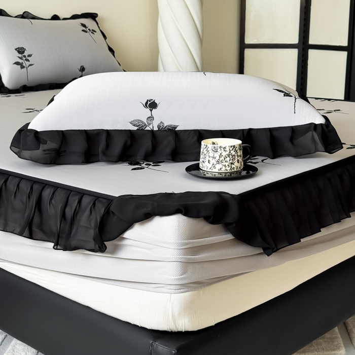 91家纺网 家纺一手货源 找家纺 九花鹿 2025新款A类法式赫本风PE凉感提花冰丝凉席-床笠款 床笠款-玫瑰