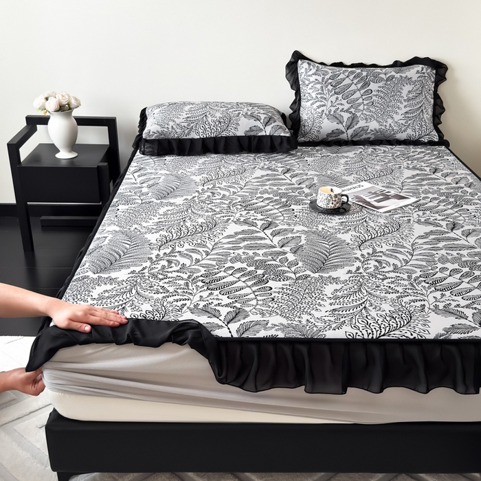 91家纺网 家纺一手货源 找家纺 九花鹿 2025新款A类法式赫本风PE凉感提花冰丝凉席-床笠款 床笠款-幽然风情