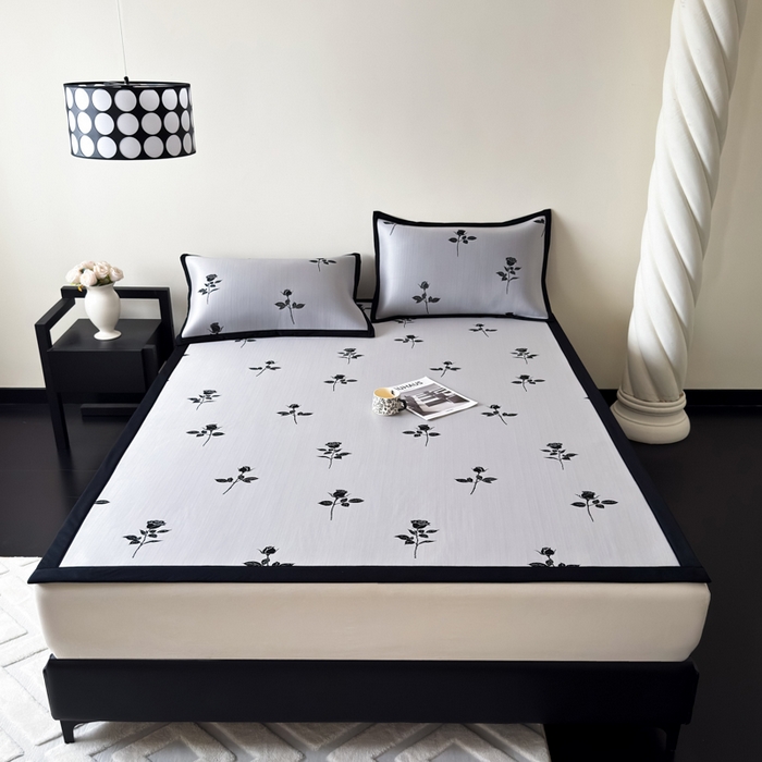 91家纺网 家纺一手货源 找家纺 九花鹿 2025新款A类赫本风PE凉感提花冰丝凉席-平铺款 玫瑰