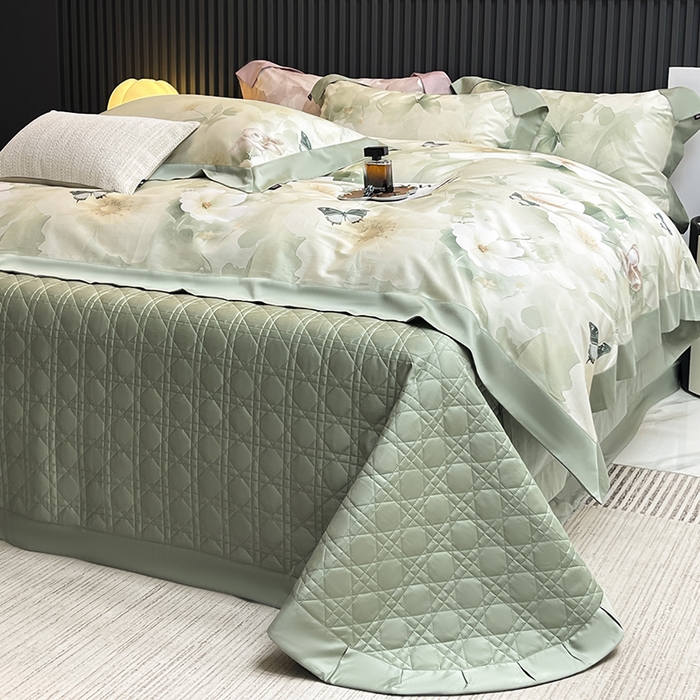 91家纺网 家纺一手货源 找家纺 2025新品A类100支天丝棉夹棉床盖床笠四件套全棉床单加厚高端数码印花长绒棉夏季轻奢真丝床上用品 蝶织梦-绿