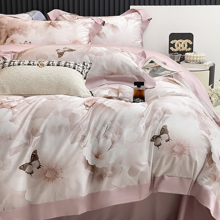 91家纺网 家纺一手货源 找家纺 2025新品A类100支天丝棉夹棉床盖床笠四件套全棉床单加厚高端数码印花长绒棉夏季轻奢真丝床上用品 蝶织梦-粉