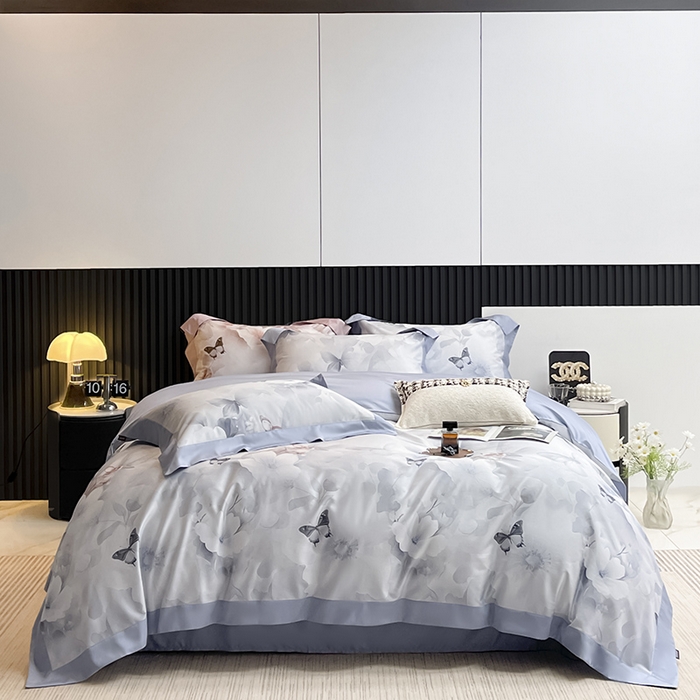 91家纺网 家纺一手货源 找家纺 2025新品A类100支天丝棉夹棉床盖床笠四件套全棉床单加厚高端数码印花长绒棉夏季轻奢真丝床上用品 蝶织梦-蓝