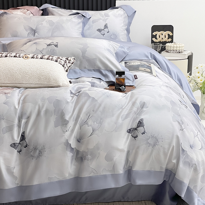 91家纺网 家纺一手货源 找家纺 2025新品A类100支天丝棉夹棉床盖床笠四件套全棉床单加厚高端数码印花长绒棉夏季轻奢真丝床上用品 蝶织梦-蓝