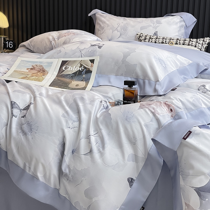 91家纺网 家纺一手货源 找家纺 2025新品A类100支天丝棉夹棉床盖床笠四件套全棉床单加厚高端数码印花长绒棉夏季轻奢真丝床上用品 蝶织梦-蓝