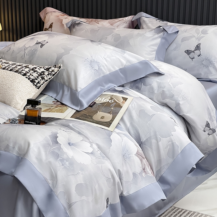 91家纺网 家纺一手货源 找家纺 2025新品A类100支天丝棉夹棉床盖床笠四件套全棉床单加厚高端数码印花长绒棉夏季轻奢真丝床上用品 蝶织梦-蓝