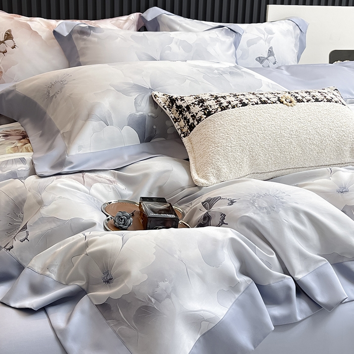 91家纺网 家纺一手货源 找家纺 2025新品A类100支天丝棉夹棉床盖床笠四件套全棉床单加厚高端数码印花长绒棉夏季轻奢真丝床上用品 蝶织梦-蓝