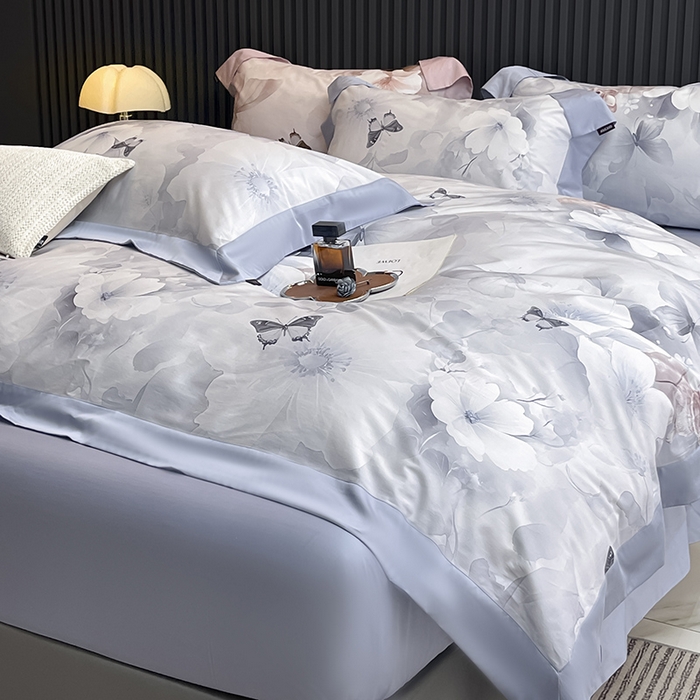 91家纺网 家纺一手货源 找家纺 2025新品A类100支天丝棉夹棉床盖床笠四件套全棉床单加厚高端数码印花长绒棉夏季轻奢真丝床上用品 蝶织梦-蓝