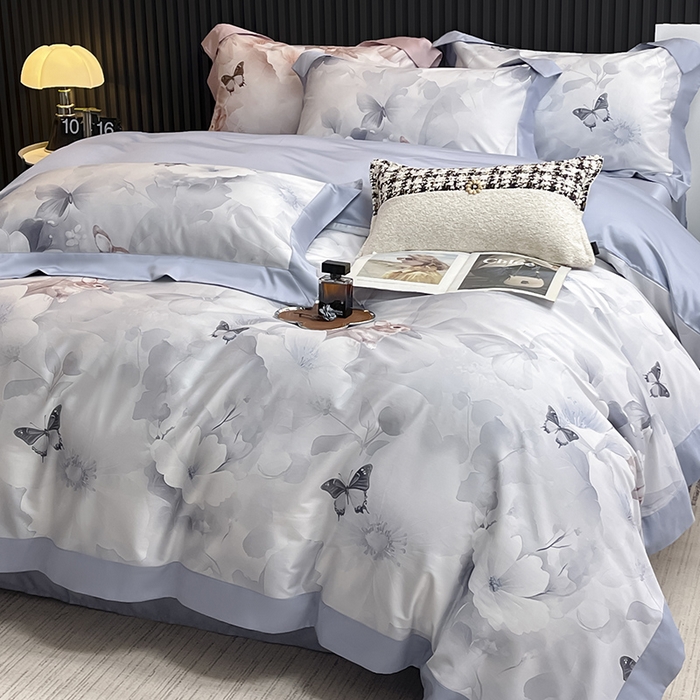 91家纺网 家纺一手货源 找家纺 2025新品A类100支天丝棉夹棉床盖床笠四件套全棉床单加厚高端数码印花长绒棉夏季轻奢真丝床上用品 蝶织梦-蓝