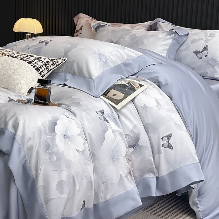 91家纺网 家纺一手货源 找家纺 2025新品A类100支天丝棉夹棉床盖床笠四件套全棉床单加厚高端数码印花长绒棉夏季轻奢真丝床上用品 蝶织梦-蓝