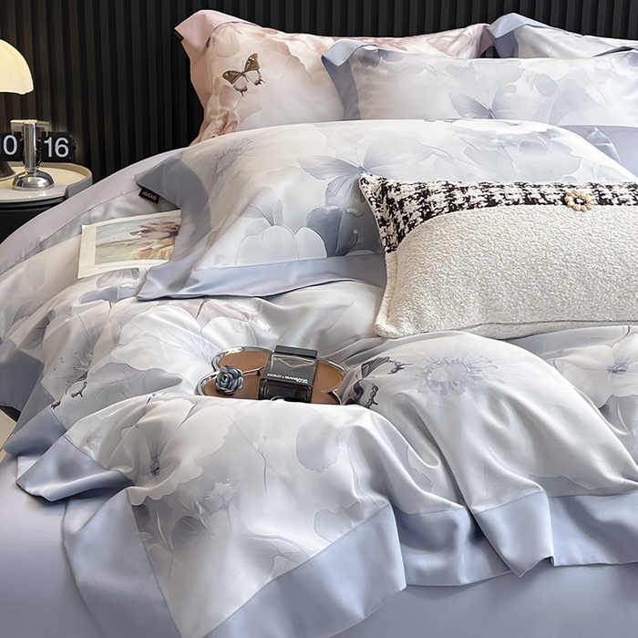 91家纺网 家纺一手货源 找家纺 2025新品A类100支天丝棉夹棉床盖床笠四件套全棉床单加厚高端数码印花长绒棉夏季轻奢真丝床上用品 蝶织梦-蓝