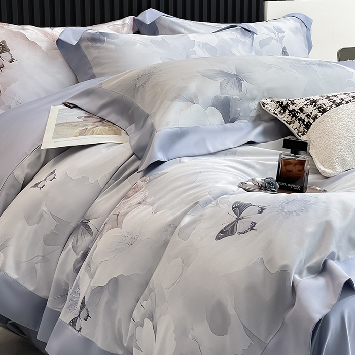 91家纺网 家纺一手货源 找家纺 2025新品A类100支天丝棉夹棉床盖床笠四件套全棉床单加厚高端数码印花长绒棉夏季轻奢真丝床上用品 蝶织梦-蓝