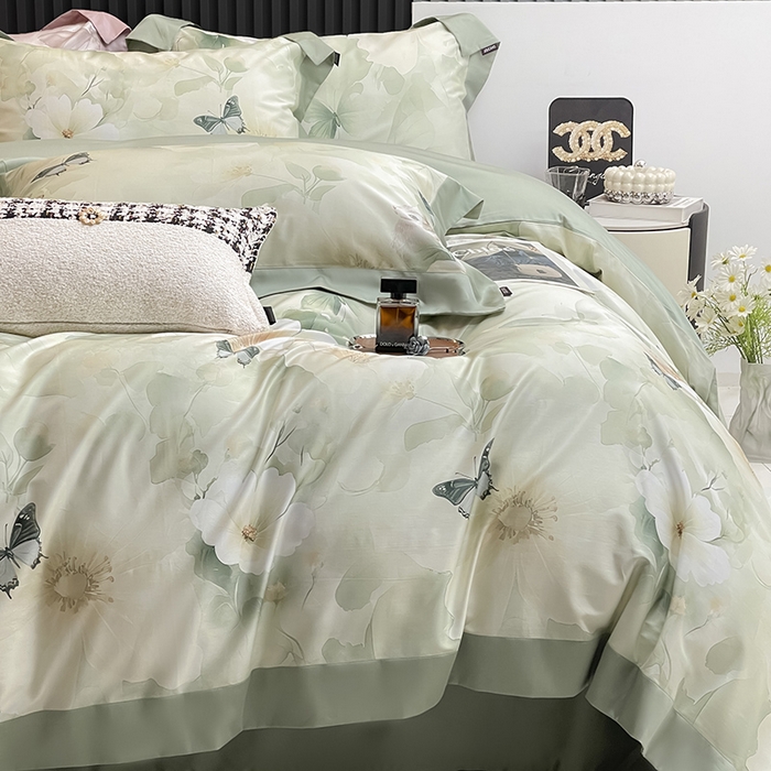 91家纺网 家纺一手货源 找家纺 2025新品A类100支天丝棉夹棉床盖床笠四件套全棉床单加厚高端数码印花长绒棉夏季轻奢真丝床上用品 蝶织梦-绿