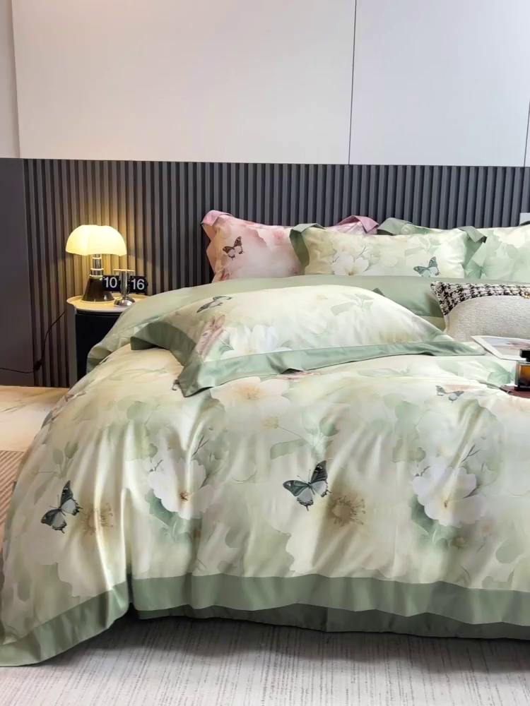 91家纺网 家纺一手货源 找家纺 2025新品A类100支天丝棉夹棉床盖床笠四件套全棉床单加厚高端数码印花长绒棉夏季轻奢真丝床上用品 蝶织梦-绿