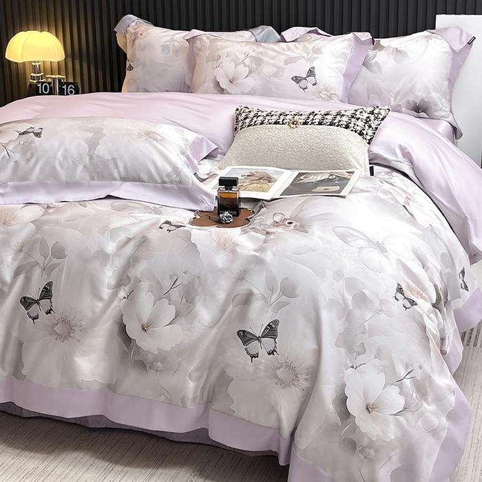 91家纺网 家纺一手货源 找家纺 2025新品A类100支天丝棉夹棉床盖床笠四件套全棉床单加厚高端数码印花长绒棉夏季轻奢真丝床上用品 蝶织梦-紫