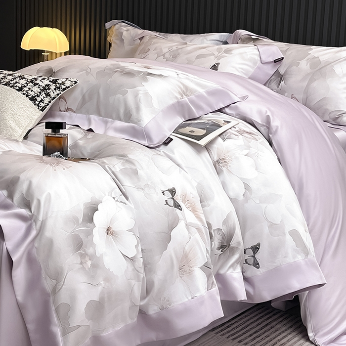 91家纺网 家纺一手货源 找家纺 2025新品A类100支天丝棉夹棉床盖床笠四件套全棉床单加厚高端数码印花长绒棉夏季轻奢真丝床上用品 蝶织梦-紫