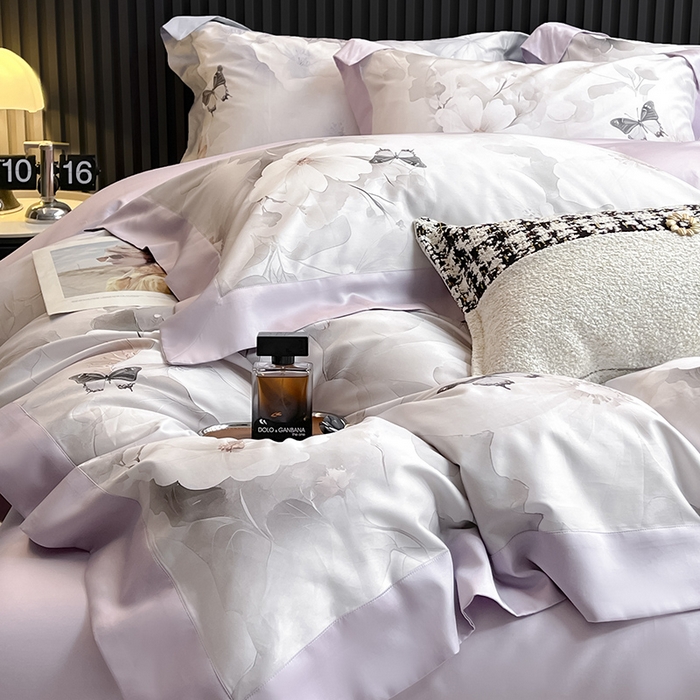 91家纺网 家纺一手货源 找家纺 2025新品A类100支天丝棉夹棉床盖床笠四件套全棉床单加厚高端数码印花长绒棉夏季轻奢真丝床上用品 蝶织梦-紫