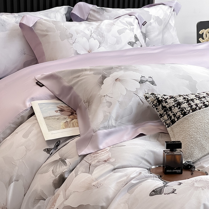 91家纺网 家纺一手货源 找家纺 2025新品A类100支天丝棉夹棉床盖床笠四件套全棉床单加厚高端数码印花长绒棉夏季轻奢真丝床上用品 蝶织梦-紫