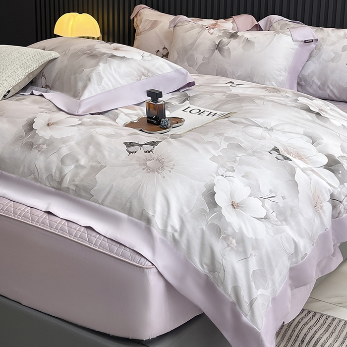 91家纺网 家纺一手货源 找家纺 2025新品A类100支天丝棉夹棉床盖床笠四件套全棉床单加厚高端数码印花长绒棉夏季轻奢真丝床上用品 蝶织梦-紫