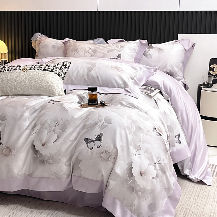 91家纺网 家纺一手货源 找家纺 2025新品A类100支天丝棉夹棉床盖床笠四件套全棉床单加厚高端数码印花长绒棉夏季轻奢真丝床上用品 蝶织梦-紫
