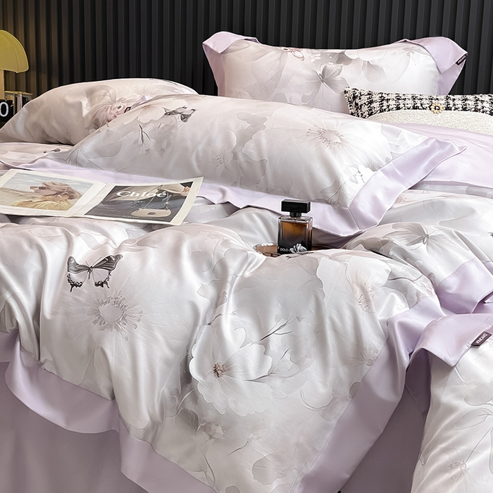 91家纺网 家纺一手货源 找家纺 2025新品A类100支天丝棉夹棉床盖床笠四件套全棉床单加厚高端数码印花长绒棉夏季轻奢真丝床上用品 蝶织梦-紫