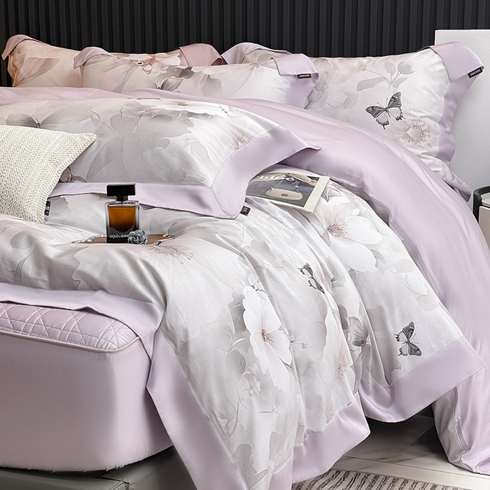 91家纺网 家纺一手货源 找家纺 2025夏季A类母婴级天丝棉印花四件套纯棉全棉高端数码印花丝滑裸睡长绒棉被套真丝床上用品 蝶织梦-紫