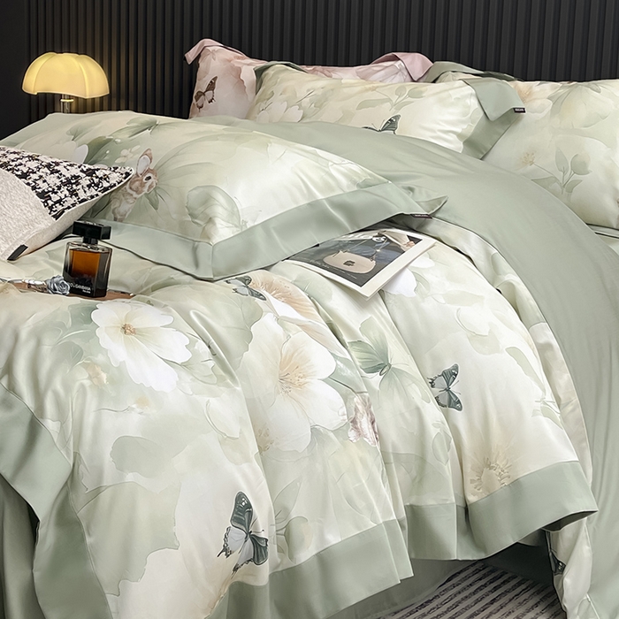 91家纺网 家纺一手货源 找家纺 2025夏季A类母婴级天丝棉印花四件套纯棉全棉高端数码印花丝滑裸睡长绒棉被套真丝床上用品 蝶织梦-绿