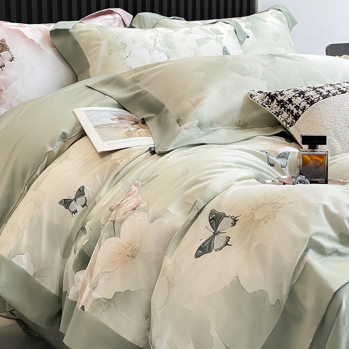 91家纺网 家纺一手货源 找家纺 2025夏季A类母婴级天丝棉印花四件套纯棉全棉高端数码印花丝滑裸睡长绒棉被套真丝床上用品 蝶织梦-绿