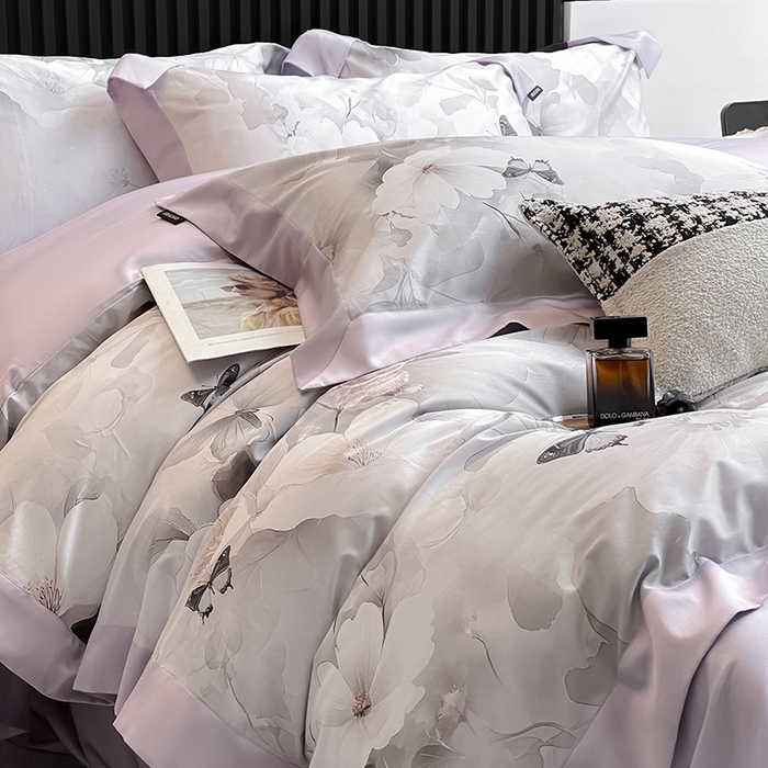 91家纺网 家纺一手货源 找家纺 2025夏季A类母婴级天丝棉印花四件套纯棉全棉高端数码印花丝滑裸睡长绒棉被套真丝床上用品 蝶织梦-紫