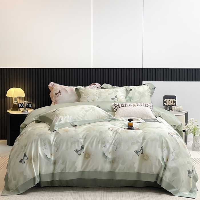 91家纺网 家纺一手货源 找家纺 2025A类母婴级天丝棉夹棉床盖床笠四件套全棉纯棉纯色长绒棉真丝保护罩高级感印花床上用品 蝶织梦-绿