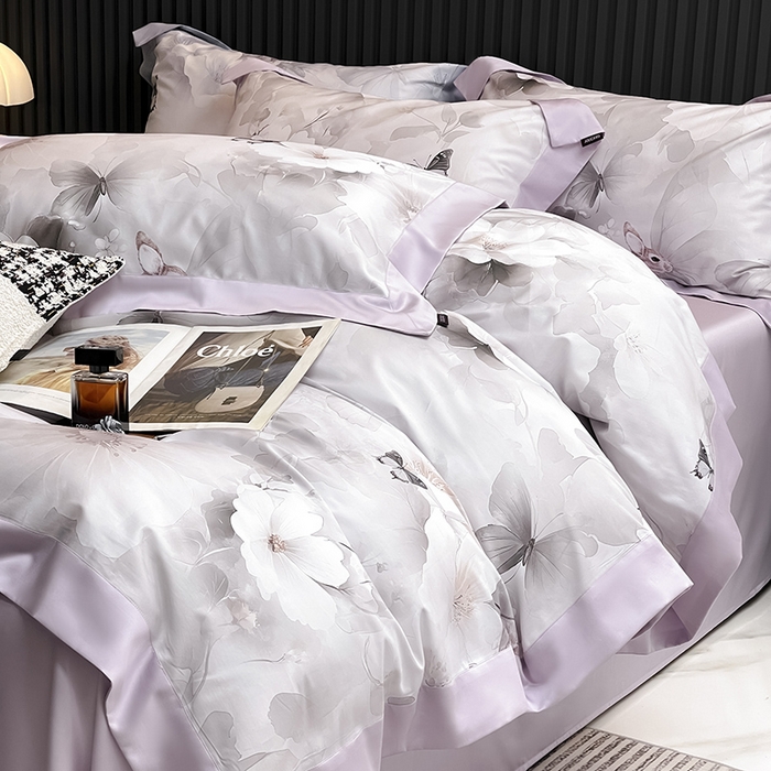 91家纺网 家纺一手货源 找家纺 2025A类母婴级天丝棉夹棉床盖床笠四件套全棉纯棉纯色长绒棉真丝保护罩高级感印花床上用品 蝶织梦-紫