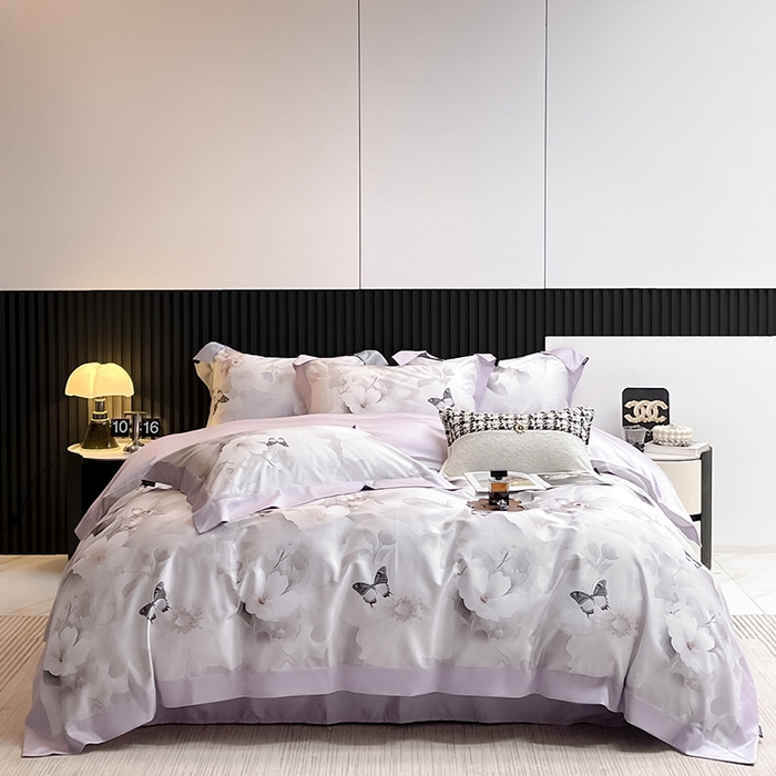 91家纺网 家纺一手货源 找家纺 2025A类母婴级天丝棉夹棉床盖床笠四件套全棉纯棉纯色长绒棉真丝保护罩高级感印花床上用品 蝶织梦-紫