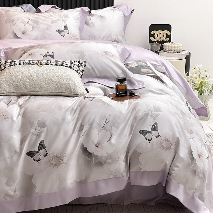 91家纺网 家纺一手货源 找家纺 2025A类母婴级天丝棉夹棉床盖床笠四件套全棉纯棉纯色长绒棉真丝保护罩高级感印花床上用品 蝶织梦-紫