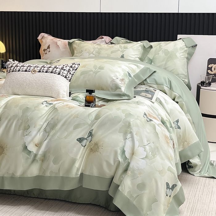 91家纺网 家纺一手货源 找家纺  2025新品A类100支天丝棉夹棉床盖床笠四件套床单加厚高端数码印花 蝶织梦-紫