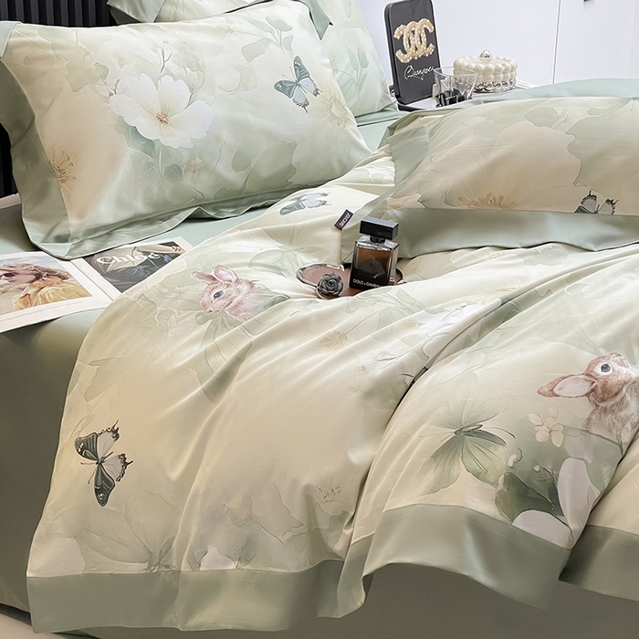 91家纺网 家纺一手货源 找家纺  2025新品A类100支天丝棉夹棉床盖床笠四件套床单加厚高端数码印花 蝶织梦-紫