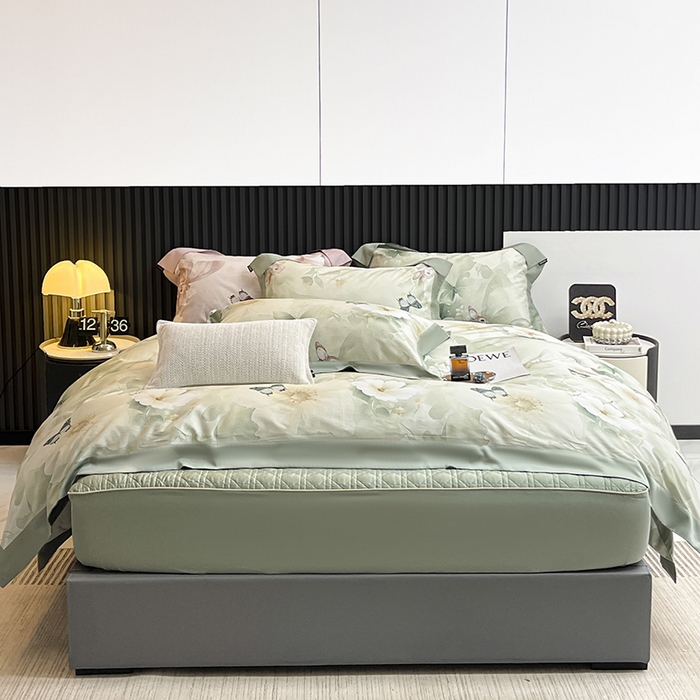 91家纺网 家纺一手货源 找家纺  2025新品A类100支天丝棉夹棉床盖床笠四件套床单加厚高端数码印花 蝶织梦-紫