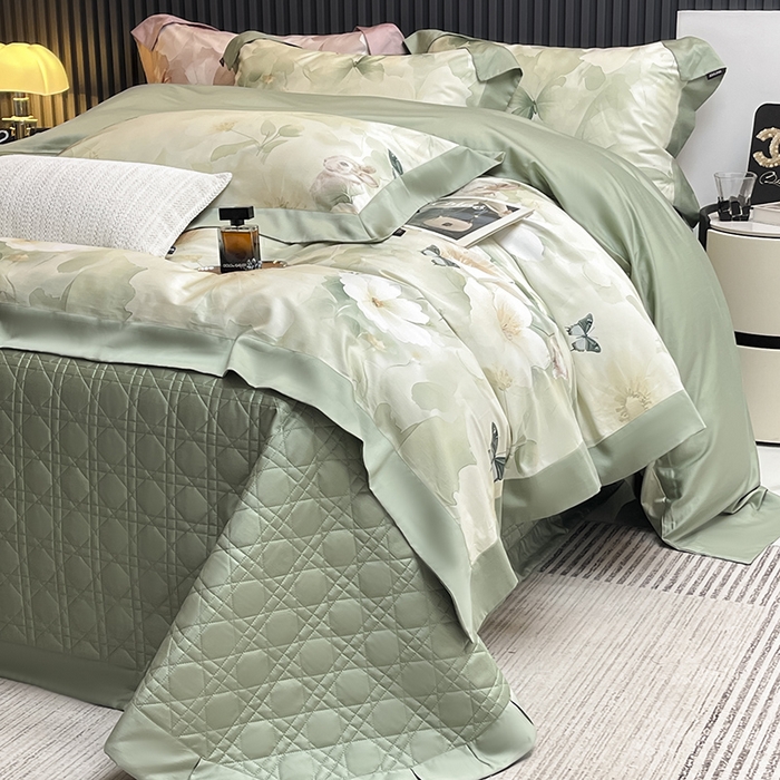 91家纺网 家纺一手货源 找家纺  2025新品A类100支天丝棉夹棉床盖床笠四件套床单加厚高端数码印花 蝶织梦-紫