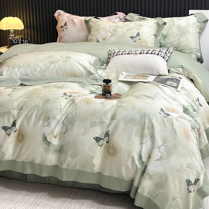 91家纺网 家纺一手货源 找家纺  2025新品A类100支天丝棉夹棉床盖床笠四件套床单加厚高端数码印花 蝶织梦-紫