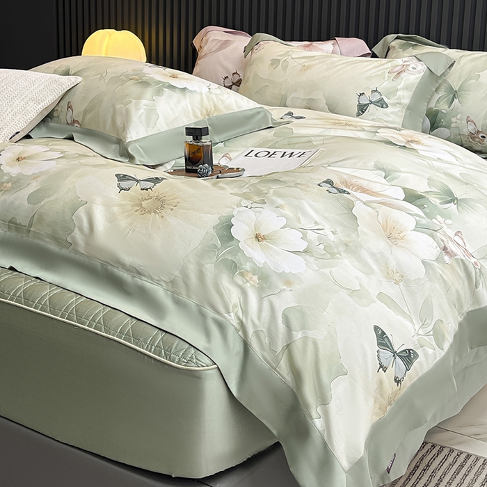 91家纺网 家纺一手货源 找家纺  2025新品A类100支天丝棉夹棉床盖床笠四件套床单加厚高端数码印花 蝶织梦-紫