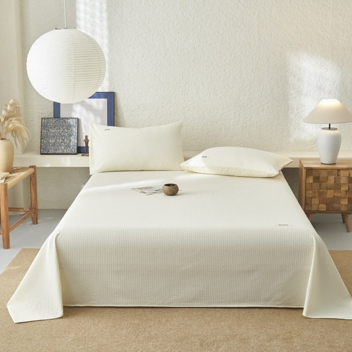 91家纺网 家纺一手货源 找家纺 寐绸家纺 2025新款纯棉华夫格床单拍图二 华夫格床单-奶白